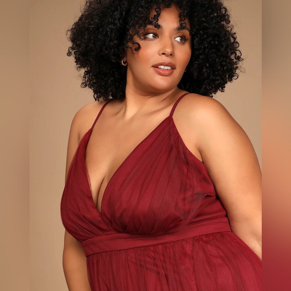 Lulu's Burgundy Rare Beauty Burgundy Tulle Backless Maxi Dress 1X - Picture 6 of 14